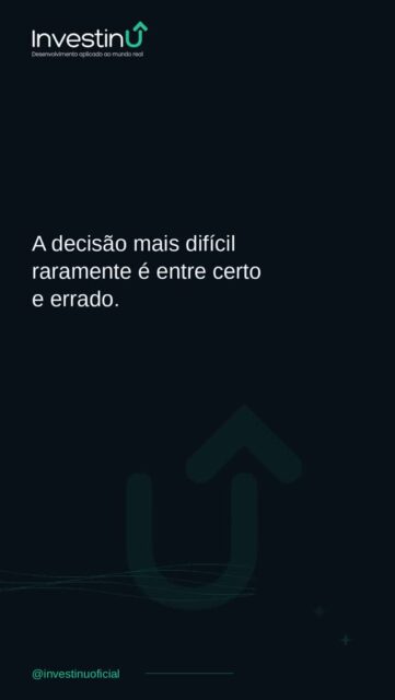 A decisão mais difícil raramente é entre certo e errado. É entre duas coisas certas que não cabem juntas.A incerteza não some quando você espera mais. Ela só muda de lugar.Decidir bem não é eliminar o risco. É agir com clareza suficiente para corrigir o curso quando precisar.Qual decisão você está adiando porque ainda não tem certeza suficiente?Conheça nosso site: www.investinu.com.br#Investinu #TomadaDeDecisao #Carreira #DesenvolvimentoPessoal #InteligenciaEmocional