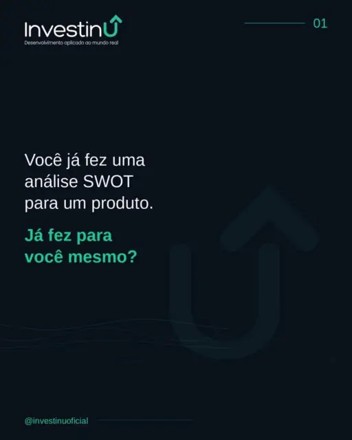 A maioria das pessoas trata SWOT como ferramenta só pra empresas e produtos.Sua carreira merece o mesmo nível de estratégia.Forças, fraquezas, oportunidades e ameaças não são conceitos exclusivos do mundo corporativo — aplicados a você mesmo, revelam clareza que a maioria nunca para pra buscar.#Investinu #SWOT #Carreira #DesenvolvimentoProfissional #Autoconhecimento #EstrategiaDeCarreira