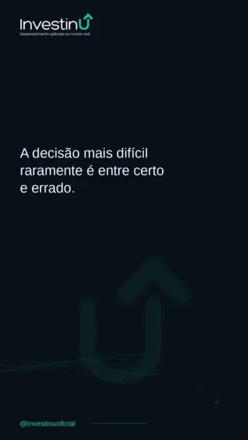 A decisão mais difícil raramente é entre certo e errado. É entre duas coisas certas que não cabem juntas.A incerteza não some quando você espera mais. Ela só muda de lugar.Decidir bem não é eliminar o risco. É agir com clareza suficiente para corrigir o curso quando precisar.Qual decisão você está adiando porque ainda não tem certeza suficiente?Conheça nosso site: www.investinu.com.br#Investinu #TomadaDeDecisao #Carreira #DesenvolvimentoPessoal #InteligenciaEmocional